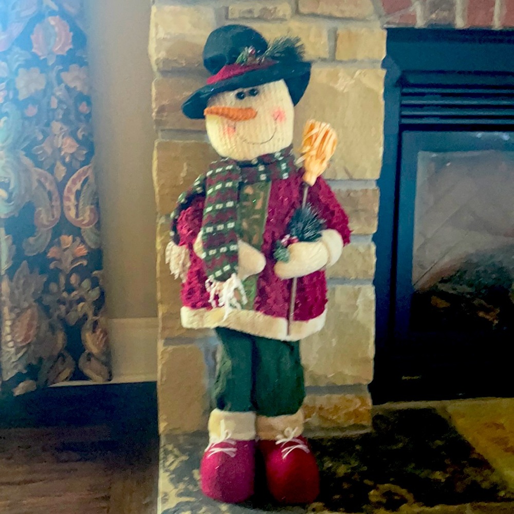 Tall Standing Fabric Snowman with Hat and Broom. New.